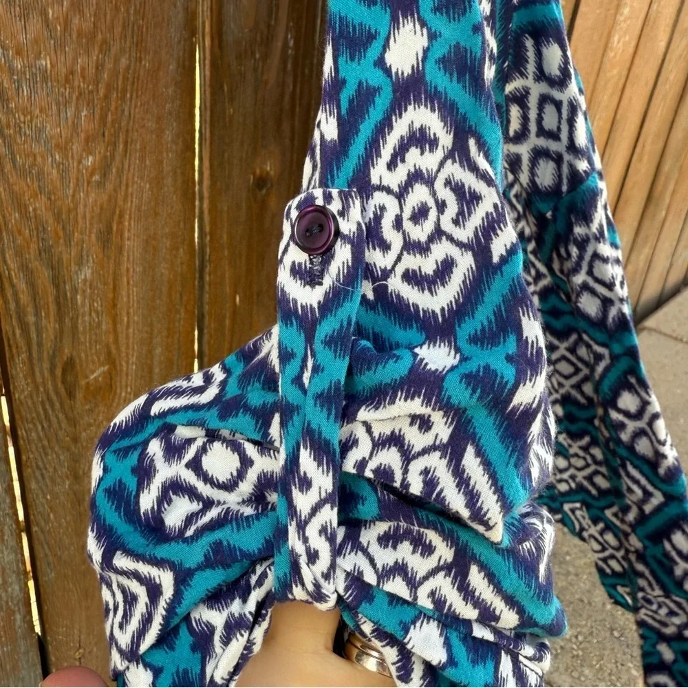 Pixley Women’s Blue Teal Patterned V Neck Blouse 3/4 Sleeve Shirt Size Medium